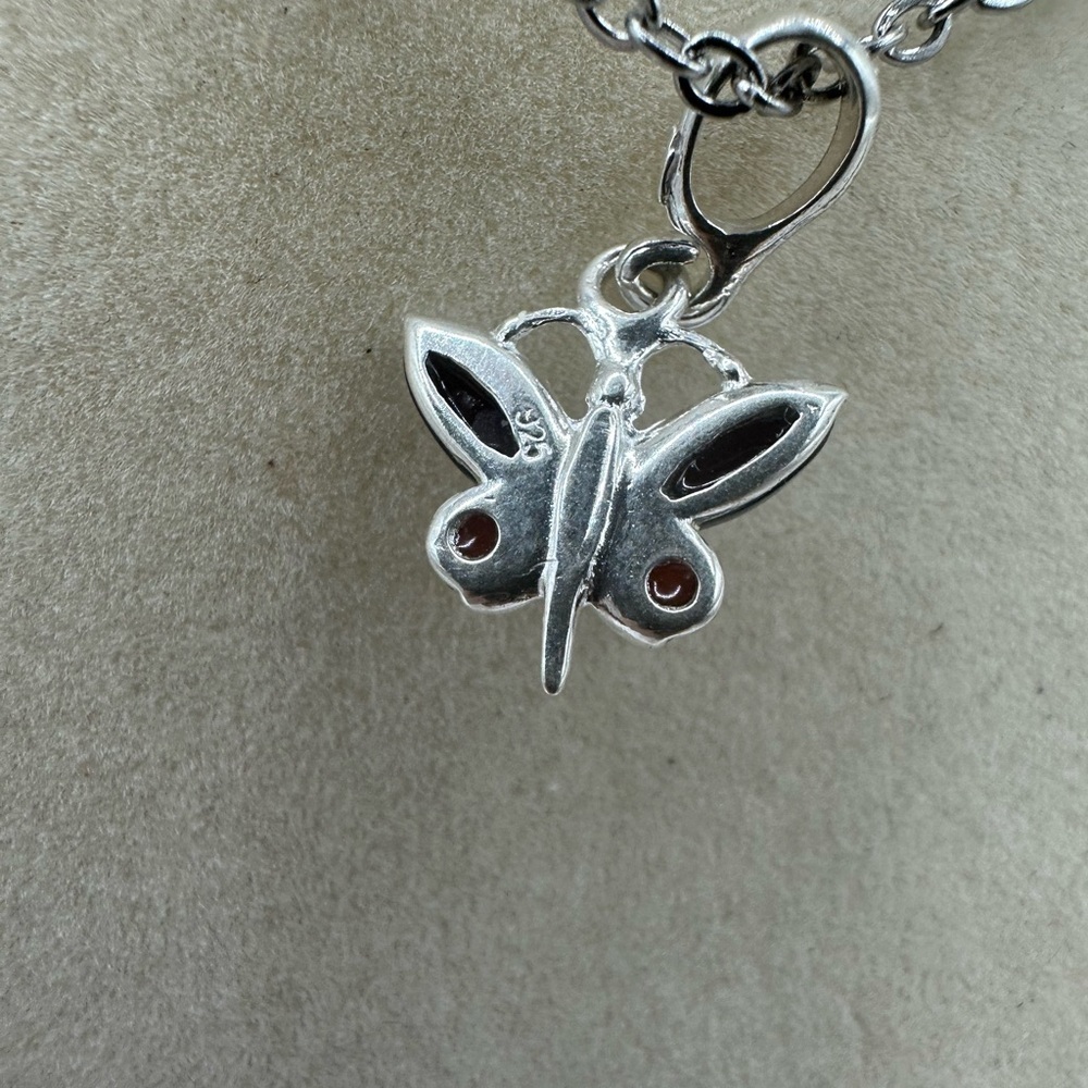 Elegant & Simple Cherry Amber Silver Butterfly Pendant on Stainless Steel Chain - Picture 4 of 9